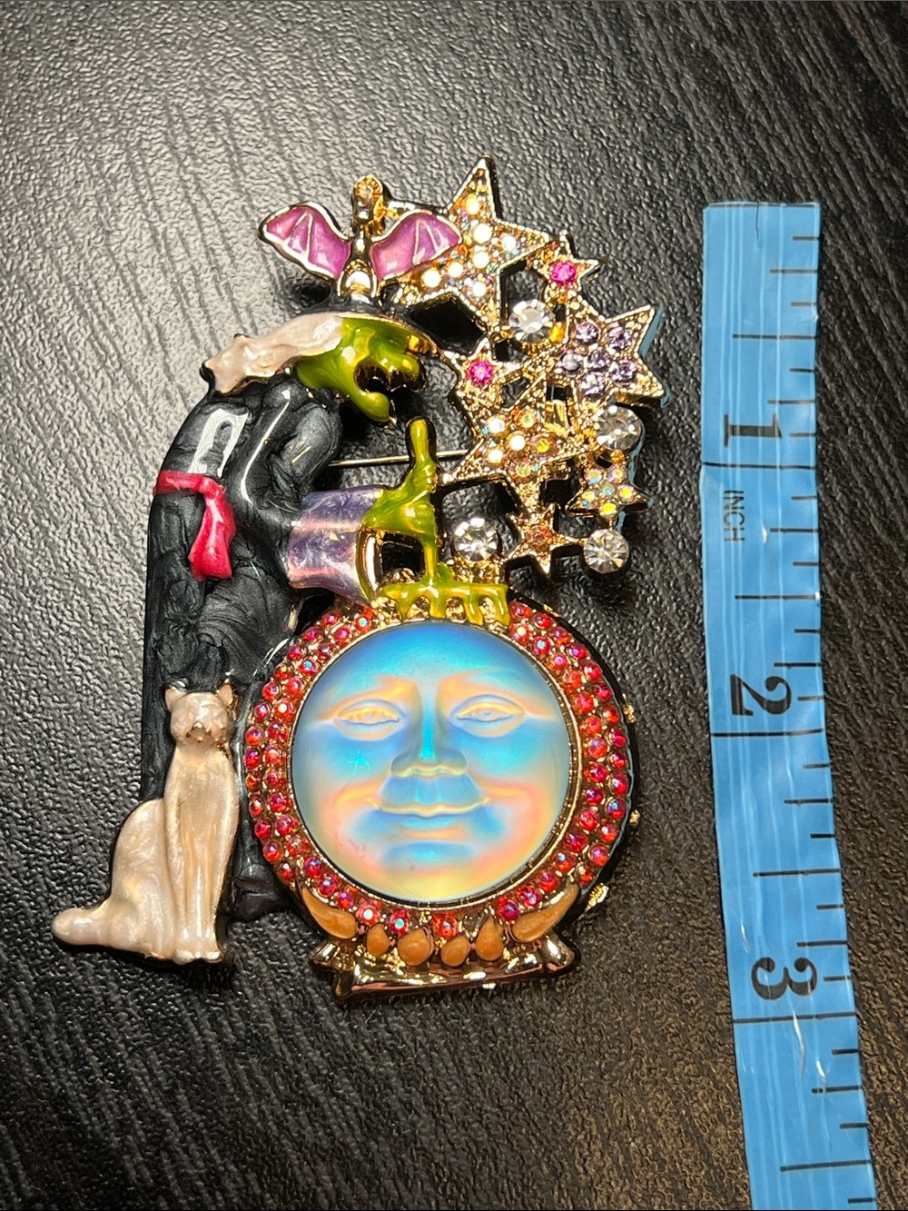Whimsical Kirk’s Folly Style Halloween Enamel Witch Moon Face Brooch - Picture 8 of 8